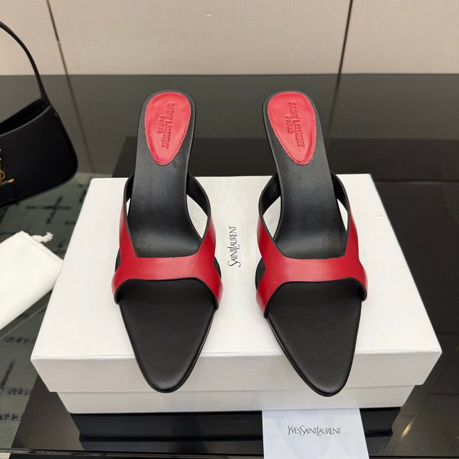 YSL 26S POINTED-TOE SANDALS 90 MM IN RED AND BLACK CALFSKIN