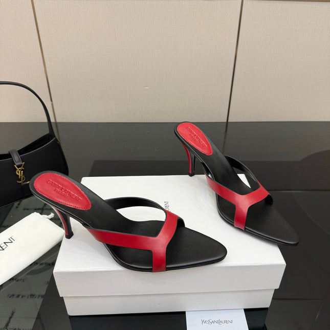 YSL 26S POINTED-TOE SANDALS 90 MM IN RED AND BLACK CALFSKIN