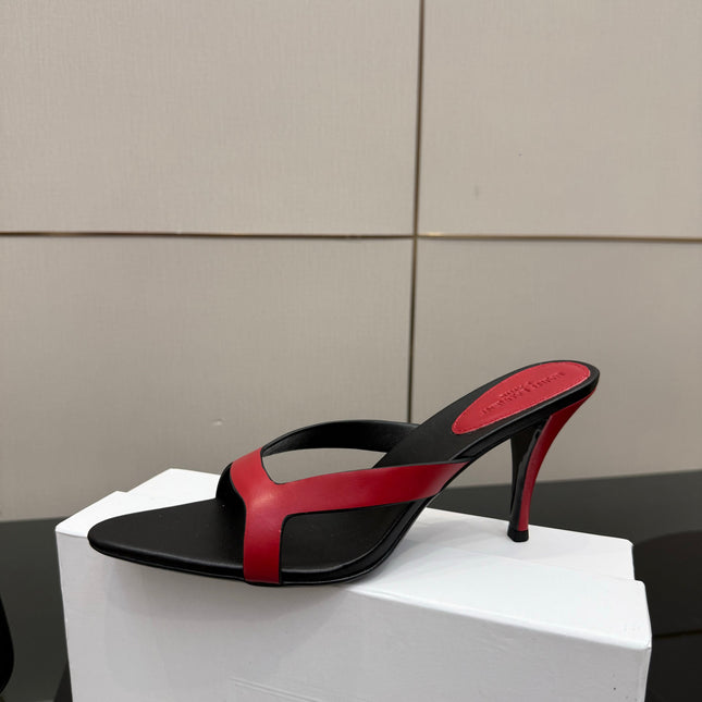 YSL 26S POINTED-TOE SANDALS 90 MM IN RED AND BLACK CALFSKIN
