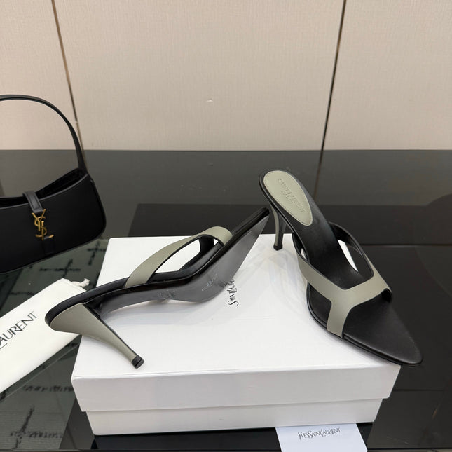 YSL 26S POINTED-TOE SANDALS 90 MM IN GREY AND BLACK CALFSKIN