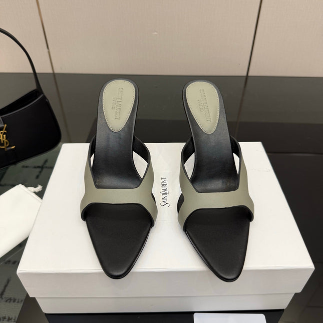 YSL 26S POINTED-TOE SANDALS 90 MM IN GREY AND BLACK CALFSKIN