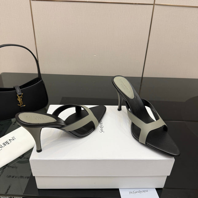 YSL 26S POINTED-TOE SANDALS 90 MM IN GREY AND BLACK CALFSKIN