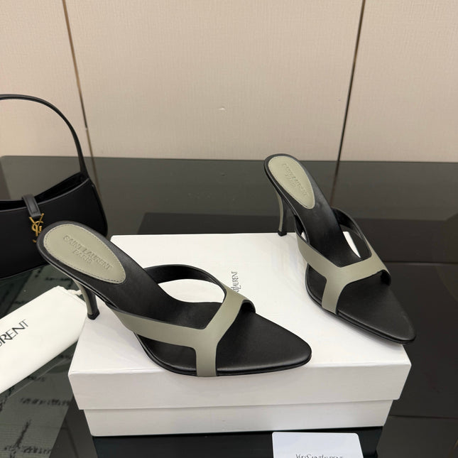 YSL 26S POINTED-TOE SANDALS 90 MM IN GREY AND BLACK CALFSKIN