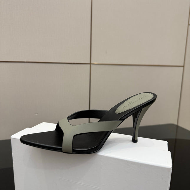 YSL 26S POINTED-TOE SANDALS 90 MM IN GREY AND BLACK CALFSKIN