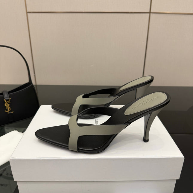 YSL 26S POINTED-TOE SANDALS 90 MM IN GREY AND BLACK CALFSKIN
