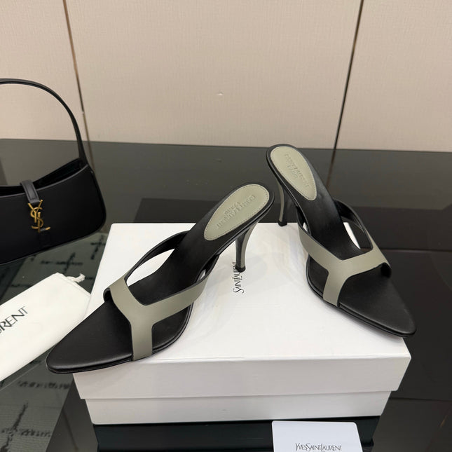 YSL 26S POINTED-TOE SANDALS 90 MM IN GREY AND BLACK CALFSKIN