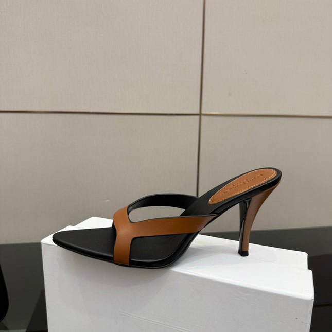 YSL 26S POINTED-TOE SANDALS 90 MM IN BROWN AND BLACK CALFSKIN