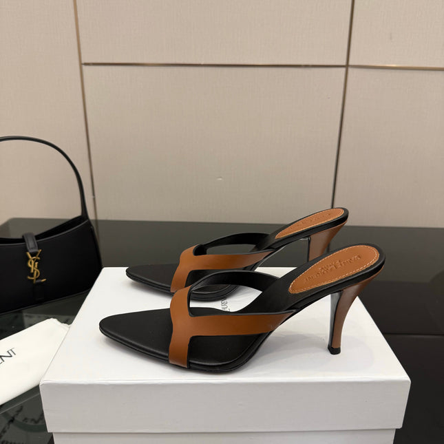 YSL 26S POINTED-TOE SANDALS 90 MM IN BROWN AND BLACK CALFSKIN