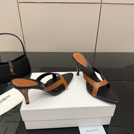 YSL 26S POINTED-TOE SANDALS 90 MM IN BROWN AND BLACK CALFSKIN