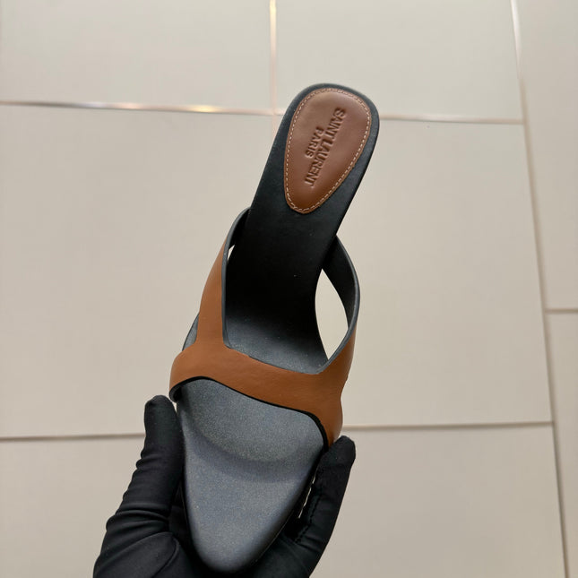 YSL 26S POINTED-TOE SANDALS 90 MM IN BROWN AND BLACK CALFSKIN
