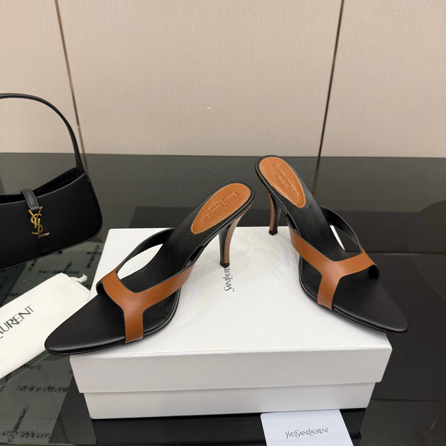 YSL 26S POINTED-TOE SANDALS 90 MM IN BROWN AND BLACK CALFSKIN