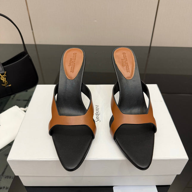 YSL 26S POINTED-TOE SANDALS 90 MM IN BROWN AND BLACK CALFSKIN