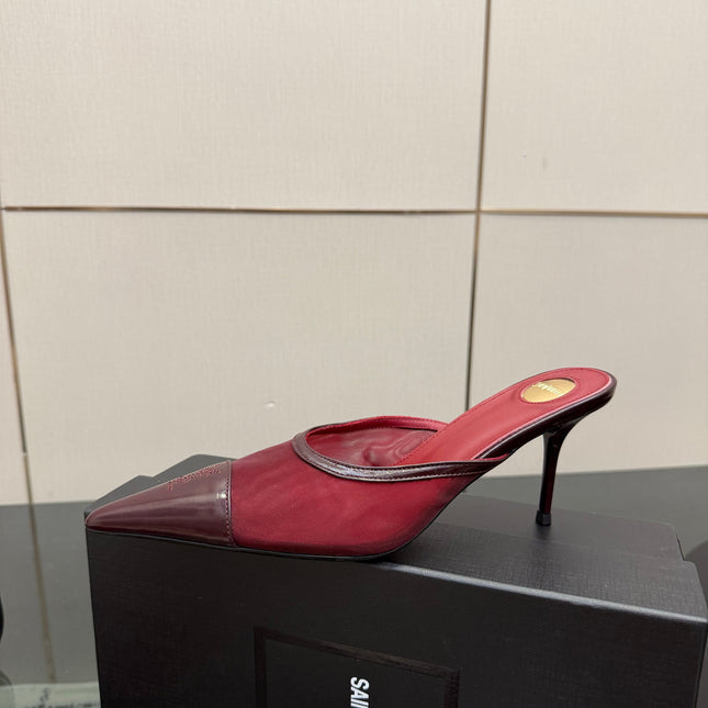 YSL 26S HIGH-HEEL MULES IN DARK RED CALFSKIN AND MESH FABRIC