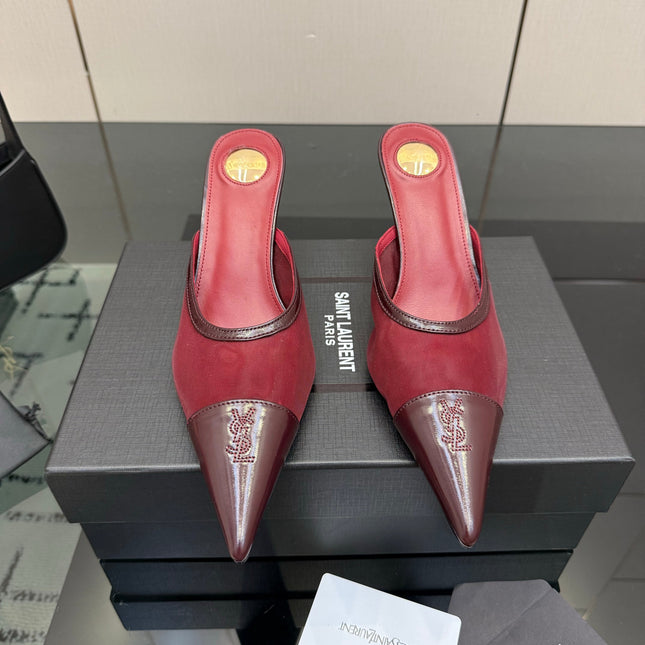 YSL 26S HIGH-HEEL MULES IN DARK RED CALFSKIN AND MESH FABRIC
