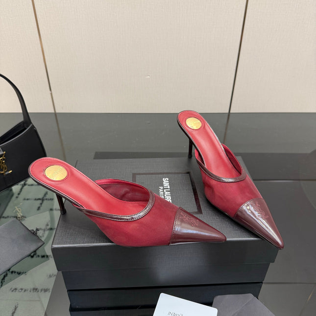 YSL 26S HIGH-HEEL MULES IN DARK RED CALFSKIN AND MESH FABRIC