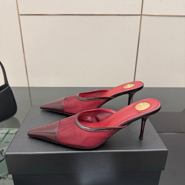 YSL 26S HIGH-HEEL MULES IN DARK RED CALFSKIN AND MESH FABRIC
