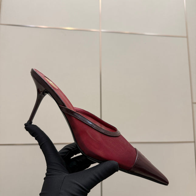 YSL 26S HIGH-HEEL MULES IN DARK RED CALFSKIN AND MESH FABRIC