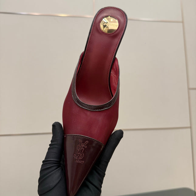 YSL 26S HIGH-HEEL MULES IN DARK RED CALFSKIN AND MESH FABRIC