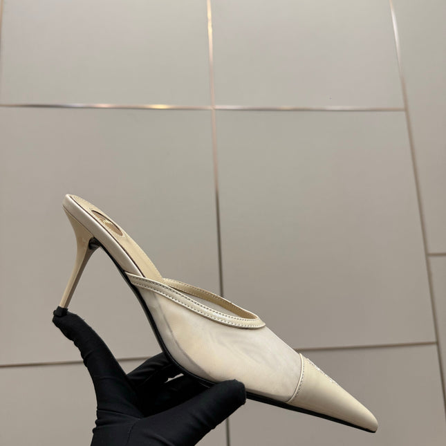 YSL 26S HIGH-HEEL MULES IN BEIGE CALFSKIN AND MESH FABRIC