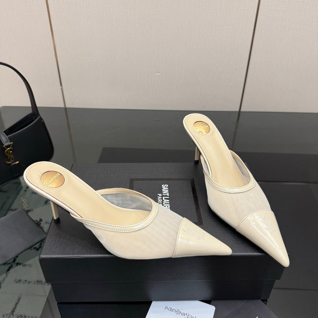 YSL 26S HIGH-HEEL MULES IN BEIGE CALFSKIN AND MESH FABRIC