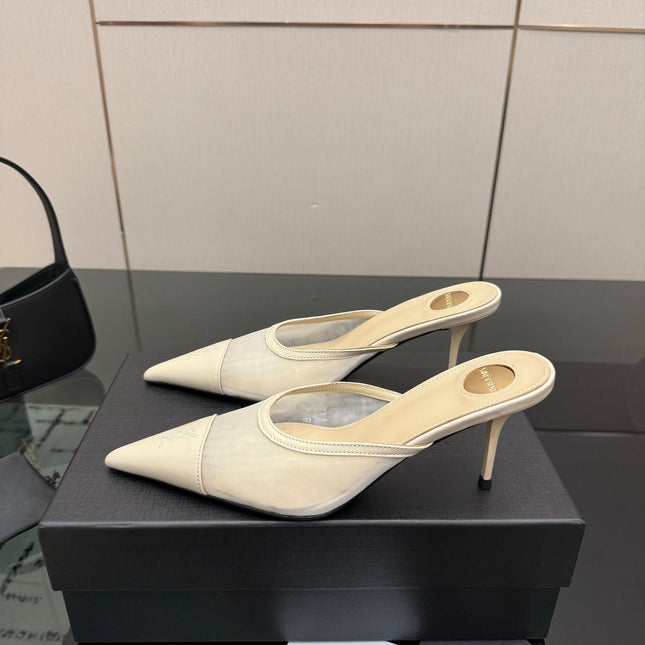 YSL 26S HIGH-HEEL MULES IN BEIGE CALFSKIN AND MESH FABRIC
