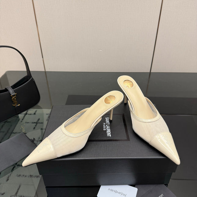 YSL 26S HIGH-HEEL MULES IN BEIGE CALFSKIN AND MESH FABRIC