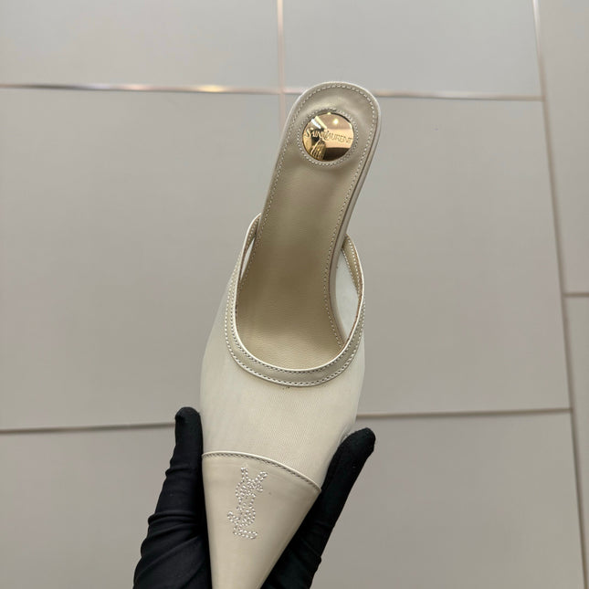 YSL 26S HIGH-HEEL MULES IN BEIGE CALFSKIN AND MESH FABRIC