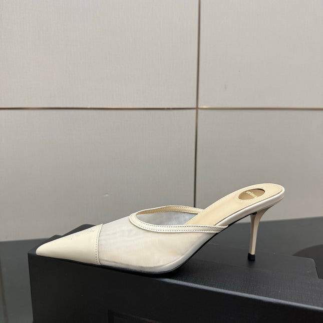 YSL 26S HIGH-HEEL MULES IN BEIGE CALFSKIN AND MESH FABRIC