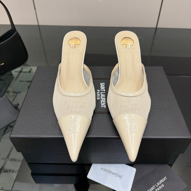 YSL 26S HIGH-HEEL MULES IN BEIGE CALFSKIN AND MESH FABRIC