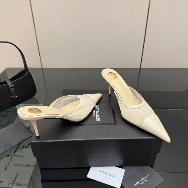 YSL 26S HIGH-HEEL MULES IN BEIGE CALFSKIN AND MESH FABRIC