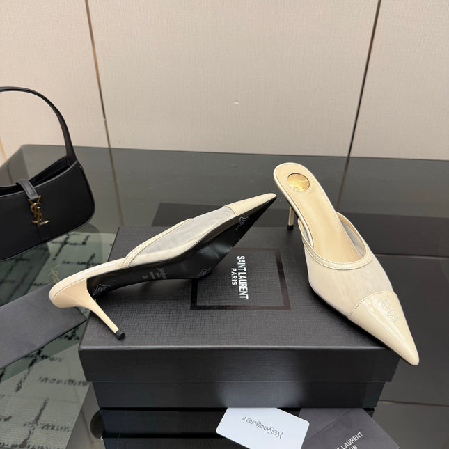 YSL 26S HIGH-HEEL MULES IN BEIGE CALFSKIN AND MESH FABRIC