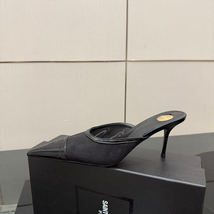 YSL 26S HIGH-HEEL MULES IN BLACK CALFSKIN AND MESH FABRIC
