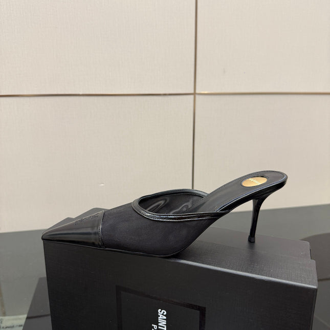 YSL 26S HIGH-HEEL MULES IN BLACK CALFSKIN AND MESH FABRIC