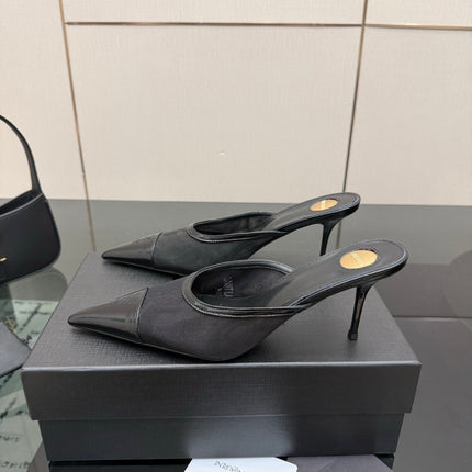 YSL 26S HIGH-HEEL MULES IN BLACK CALFSKIN AND MESH FABRIC