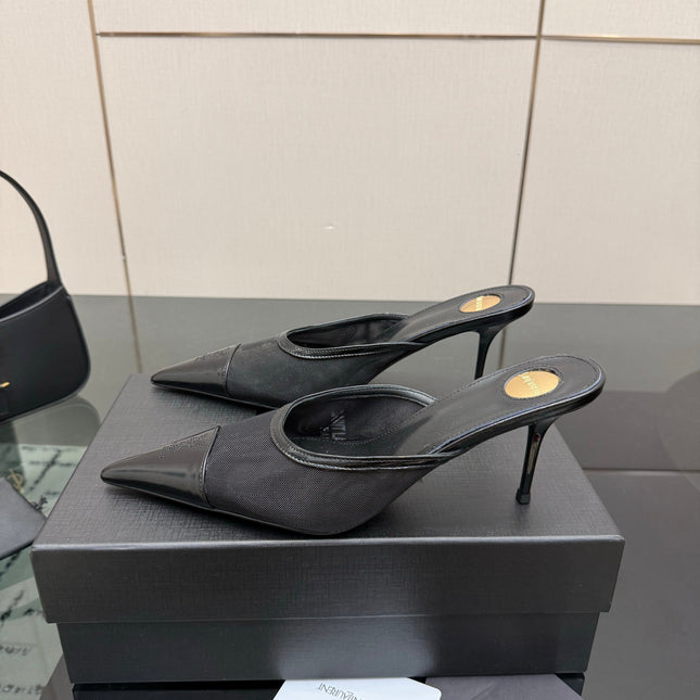 YSL 26S HIGH-HEEL MULES IN BLACK CALFSKIN AND MESH FABRIC