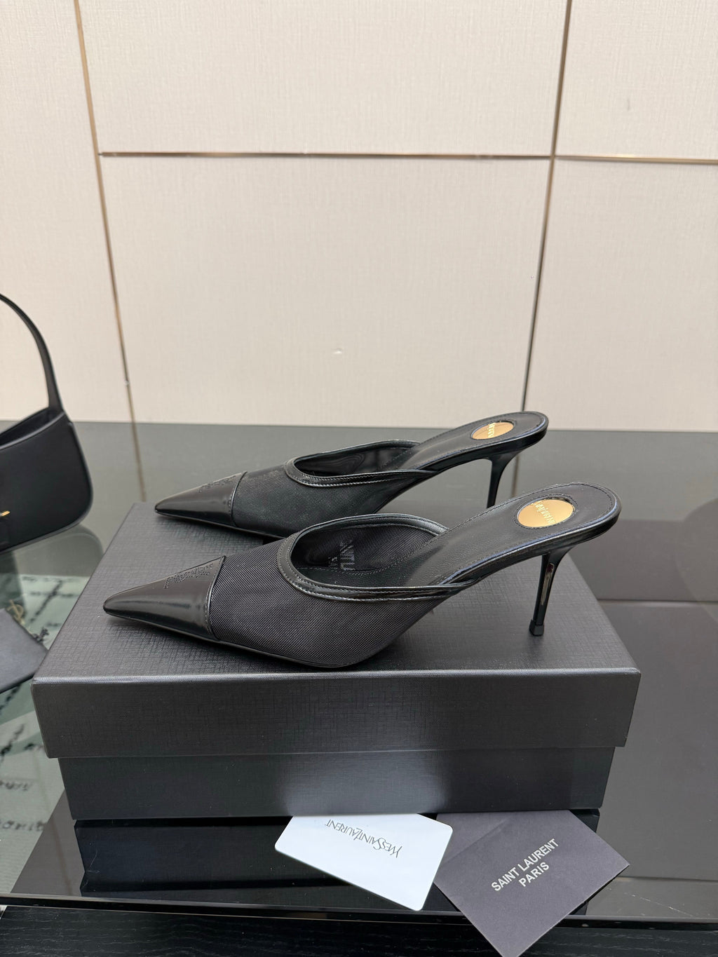 YSL 26S HIGH-HEEL MULES IN BLACK CALFSKIN AND MESH FABRIC