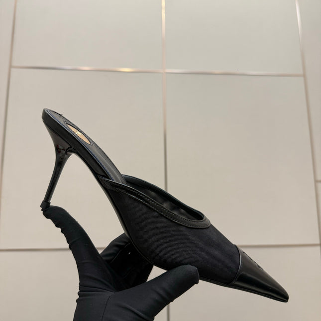 YSL 26S HIGH-HEEL MULES IN BLACK CALFSKIN AND MESH FABRIC