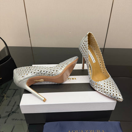 AQUAZZURA 26S HIGH HEELS 100 MM IN SILVER LAMBSKIN