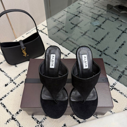 ALAIA 26S HEELED THONG MULE SANDALS IN BLACK SUEDE