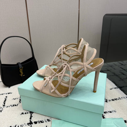AQUAZZURA 26S SANDALS 100 MM IN BEIGE SUEDE & MESH