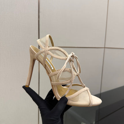 AQUAZZURA 26S SANDALS 100 MM IN BEIGE SUEDE & MESH