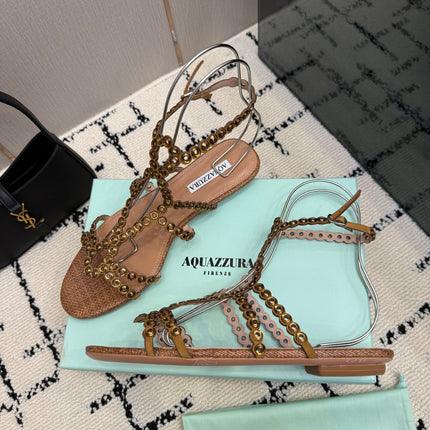 AQUAZZURA 26S ANKLE-STRAP SANDALS IN BROWN WOVEN FABRIC