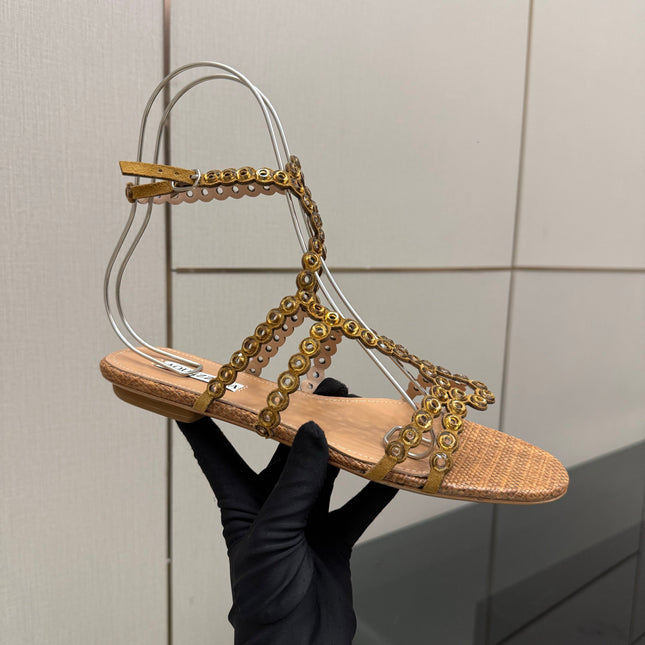 AQUAZZURA 26S ANKLE-STRAP SANDALS IN BROWN WOVEN FABRIC