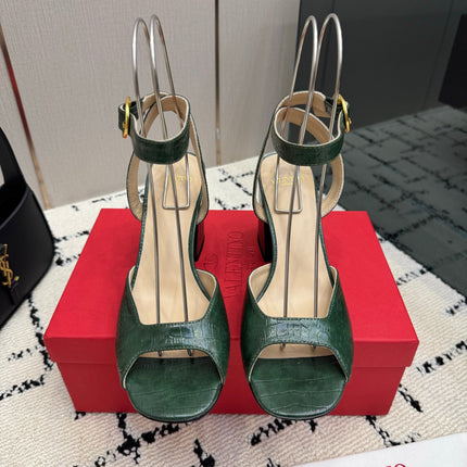 VALENTINO 26S SQUARE TOE ANKLE STRAP SANDALS IN DARK GREEN CROC-EMBOSSED LEATHER