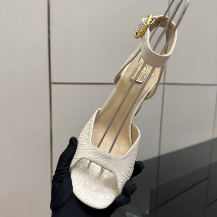 VALENTINO 26S SQUARE-TOE ANKLE-STRAP SANDALS IN CREAM WHITE CROC-EMBOSSED LEATHER