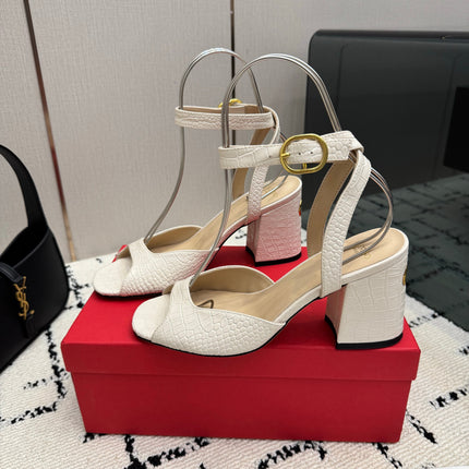 VALENTINO 26S SQUARE-TOE ANKLE-STRAP SANDALS IN CREAM WHITE CROC-EMBOSSED LEATHER
