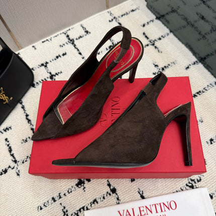 VALENTINO 26S POINTED-TOE SLINGBACKS IN DARK BROWN SUEDE