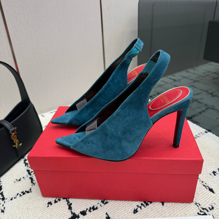 VALENTINO 26S POINTED-TOE SLINGBACKS IN TEAL BLUE SUEDE