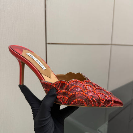 AQUAZZURA 26S HEEL MULES 85 MM IN METALLIC RED SEQUIN AND CALFSKIN