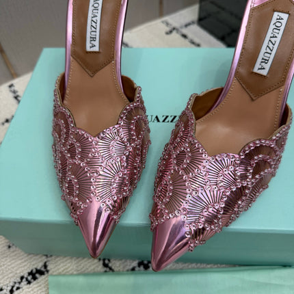 AQUAZZURA 26S HEEL MULES 85 MM IN METALLIC PINK SEQUIN AND CALFSKIN